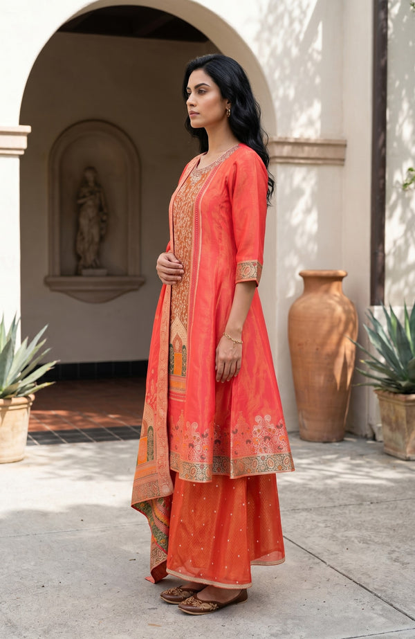 Orange Yarn Dyed Textured Zari Jacquard Straight Kurta With Palazzo and Dupatta Set