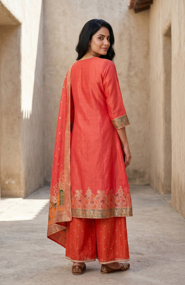 Orange Yarn Dyed Textured Zari Jacquard Straight Kurta With Palazzo and Dupatta Set