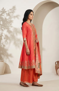 Orange Yarn Dyed Textured Zari Jacquard Straight Kurta With Palazzo and Dupatta Set