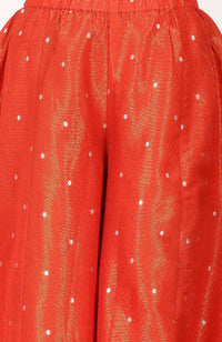 Orange Yarn Dyed Textured Zari Jacquard Straight Kurta With Palazzo and Dupatta Set