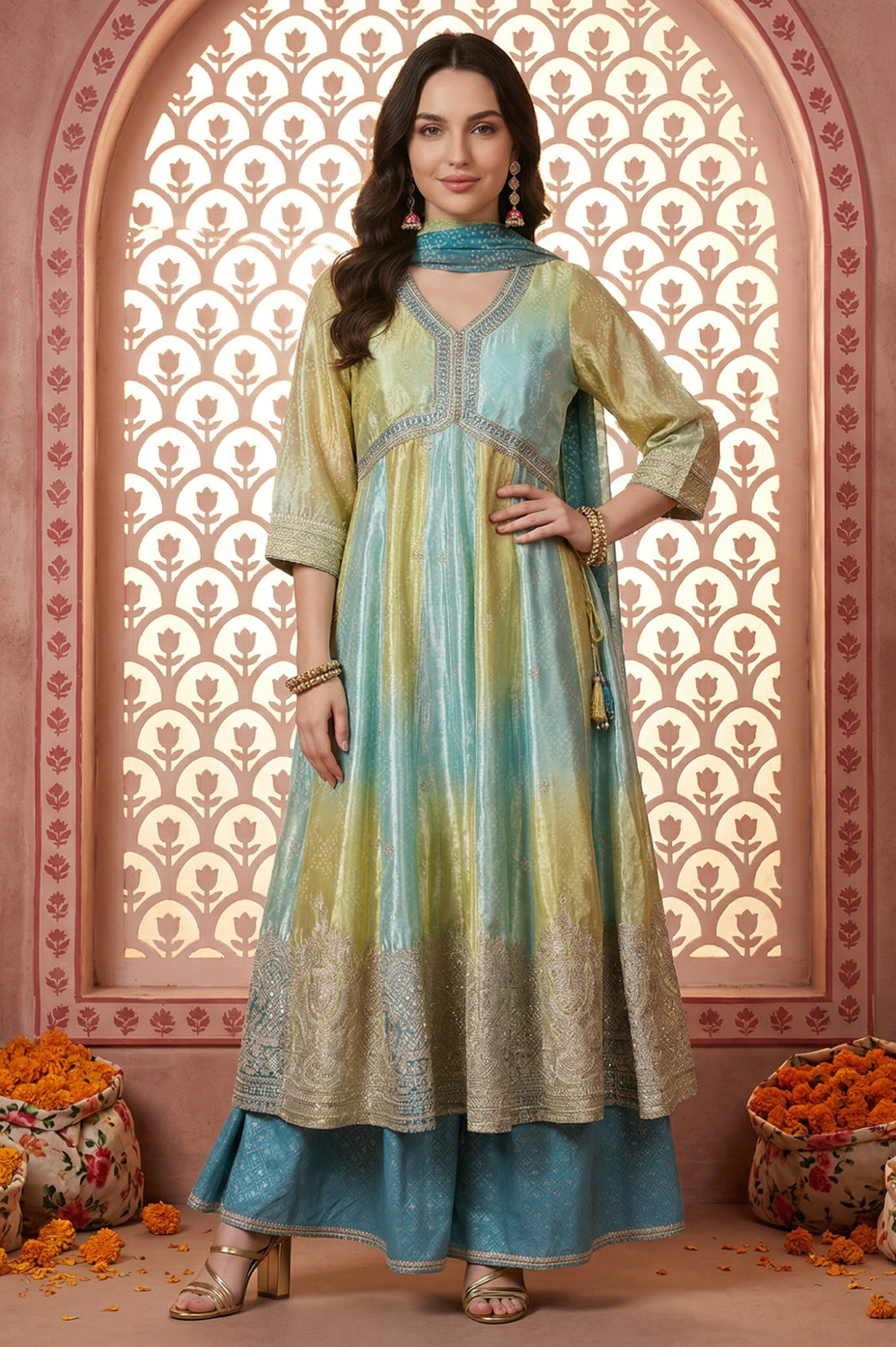 Turquoise Blue and Lime Green Bandhani Zari Embroidered Anarkali Kurta with Palazzos &amp; Dupatta Set