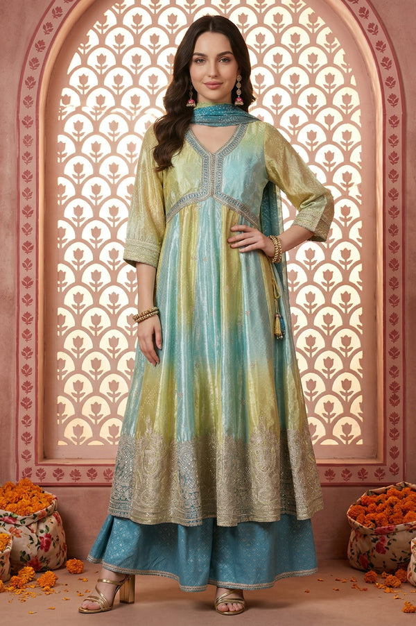 Turquoise Blue and Lime Green Bandhani Zari Embroidered Anarkali Kurta with Palazzos & Dupatta Set