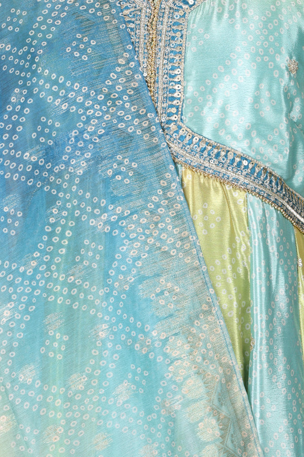 Turquoise Blue and Lime Green Bandhani Zari Embroidered Anarkali Kurta with Palazzos & Dupatta Set
