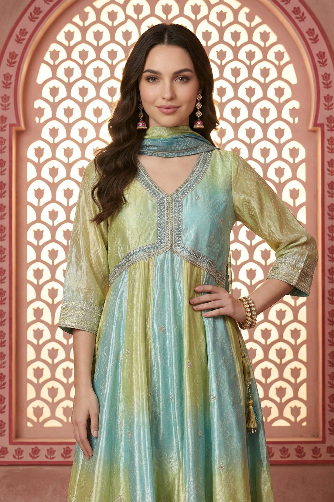 Turquoise Blue and Lime Green Bandhani Zari Embroidered Anarkali Kurta with Palazzos &amp; Dupatta Set