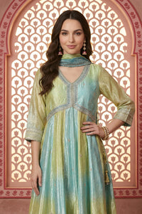 Turquoise Blue and Lime Green Bandhani Zari Embroidered Anarkali Kurta with Palazzos &amp; Dupatta Set