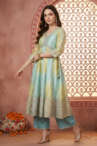 Turquoise Blue and Lime Green Bandhani Zari Embroidered Anarkali Kurta with Palazzos &amp; Dupatta Set