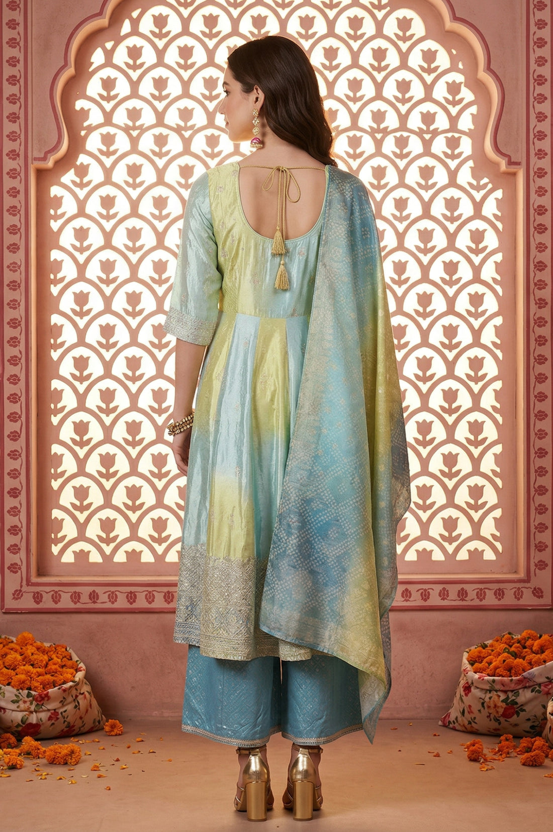 Turquoise Blue and Lime Green Bandhani Zari Embroidered Anarkali Kurta with Palazzos &amp; Dupatta Set