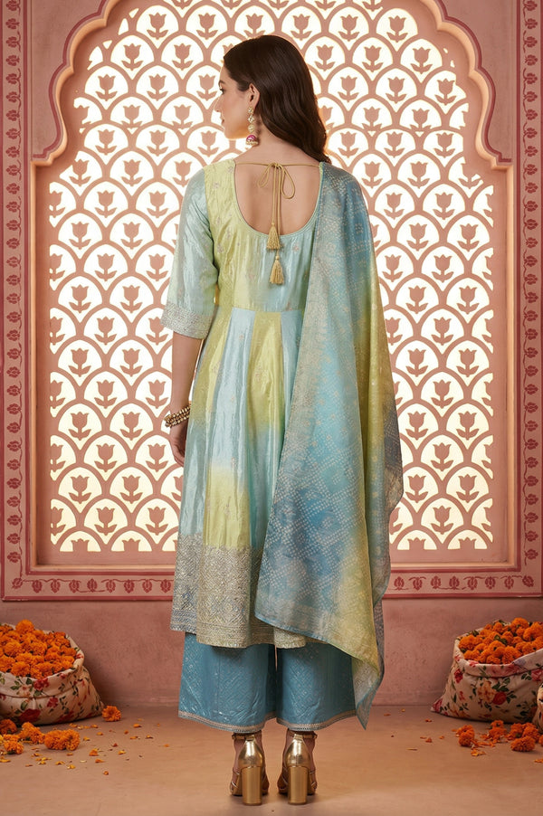 Turquoise Blue and Lime Green Bandhani Zari Embroidered Anarkali Kurta with Palazzos & Dupatta Set