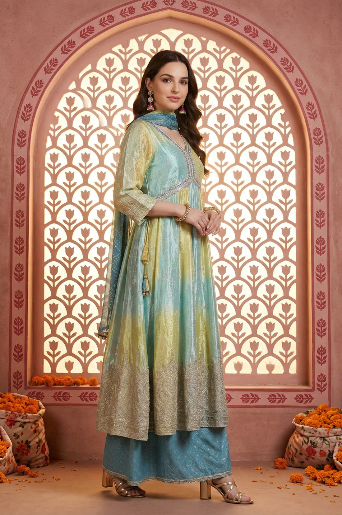 Turquoise Blue and Lime Green Bandhani Zari Embroidered Anarkali Kurta with Palazzos &amp; Dupatta Set