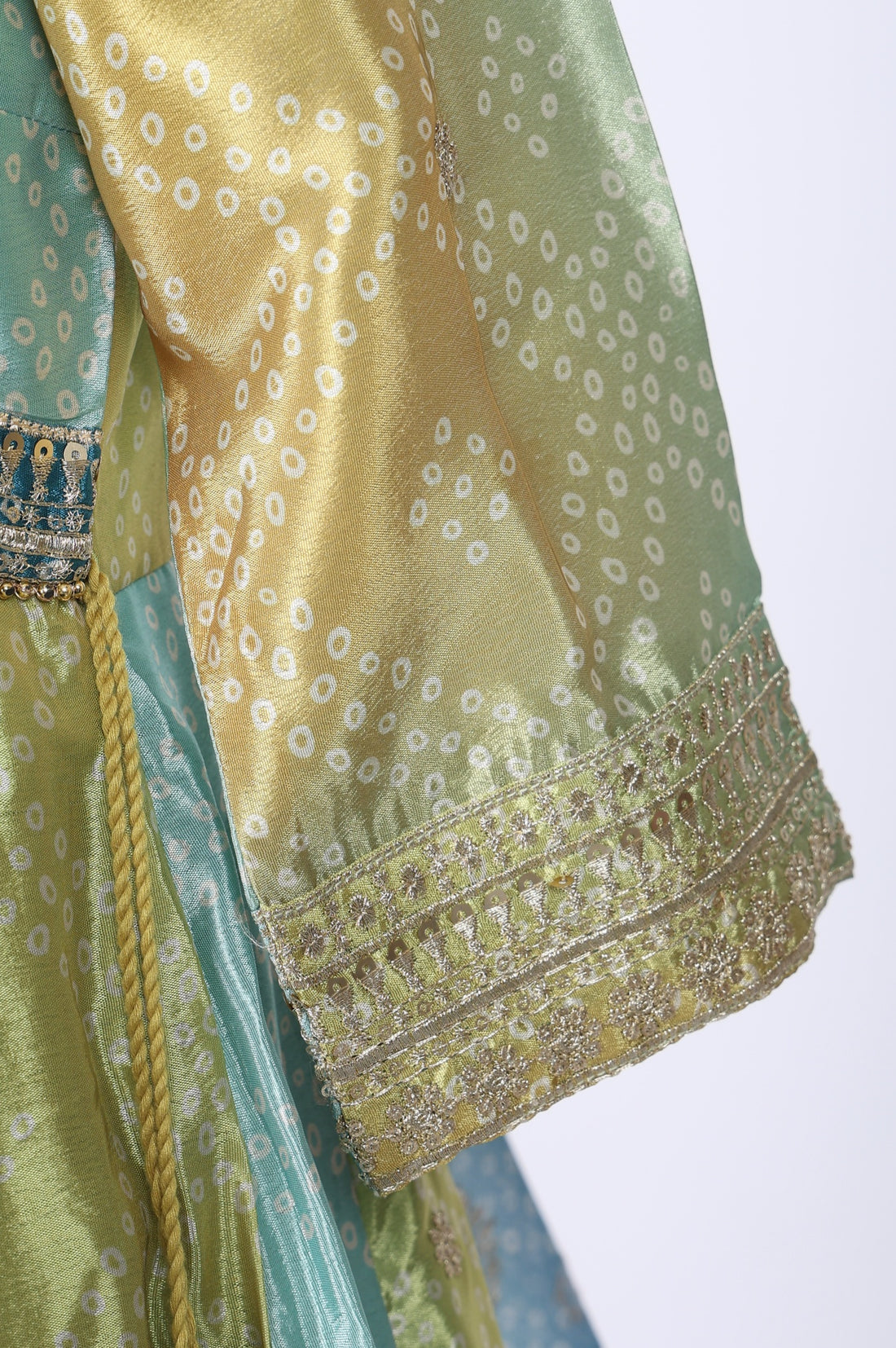 Turquoise Blue and Lime Green Bandhani Zari Embroidered Anarkali Kurta with Palazzos &amp; Dupatta Set