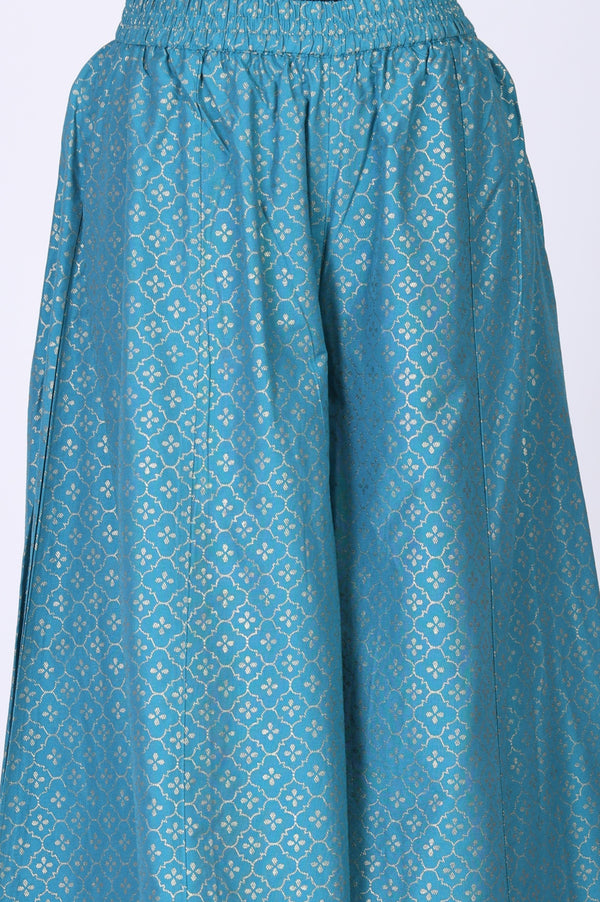 Turquoise Blue and Lime Green Bandhani Zari Embroidered Anarkali Kurta with Palazzos & Dupatta Set