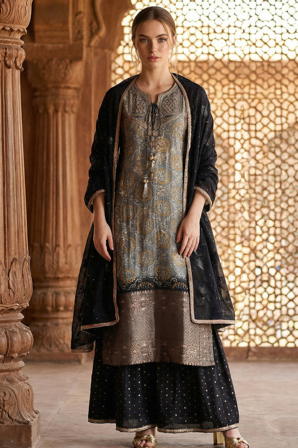 Grey Ethnic Motifs Embellished Jacquard Straight Kurta with Palazzo and Dupatta Set