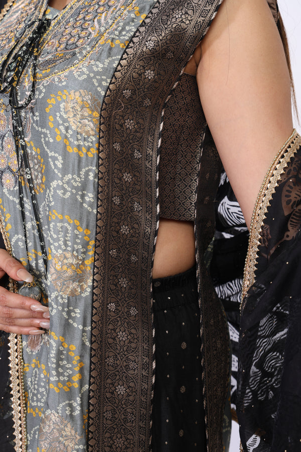 Grey Ethnic Motifs Embellished Jacquard Straight Kurta with Palazzo and Dupatta Set
