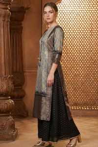 Grey Ethnic Motifs Embellished Jacquard Straight Kurta with Palazzo and Dupatta Set