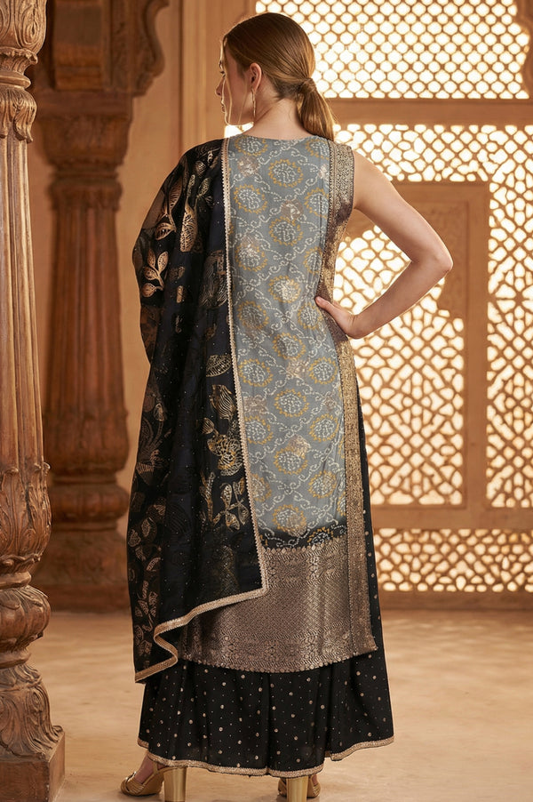 Grey Ethnic Motifs Embellished Jacquard Straight Kurta with Palazzo and Dupatta Set