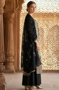 Grey Ethnic Motifs Embellished Jacquard Straight Kurta with Palazzo and Dupatta Set