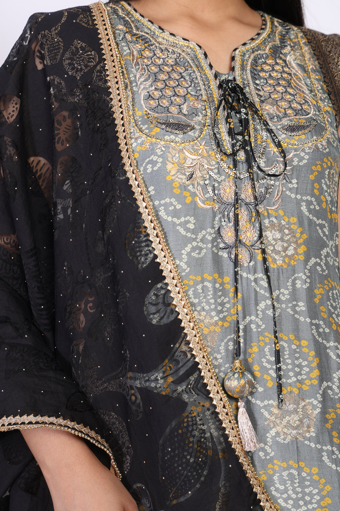 Grey Ethnic Motifs Embellished Jacquard Straight Kurta with Palazzo and Dupatta Set