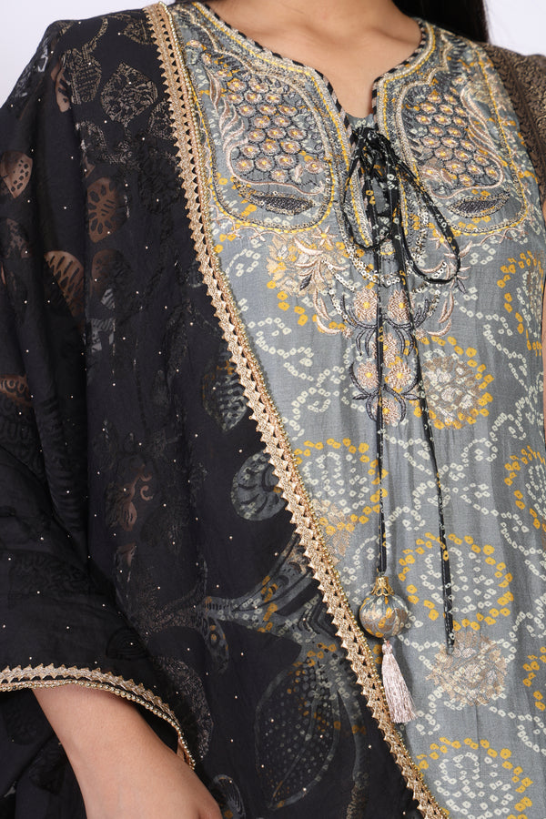 Grey Ethnic Motifs Embellished Jacquard Straight Kurta with Palazzo and Dupatta Set