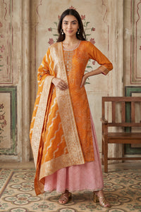 Orange Zari Geometric Printed Straight Kurta with Palazzo and Dupatta Set