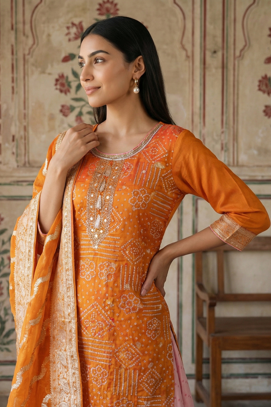Orange Zari Geometric Printed Straight Kurta with Palazzo and Dupatta Set