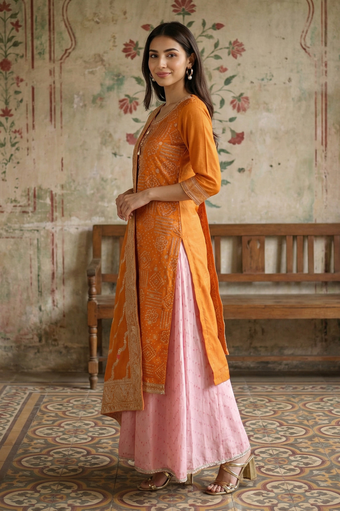 Orange Zari Geometric Printed Straight Kurta with Palazzo and Dupatta Set