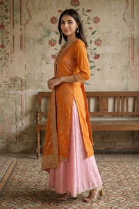 Orange Zari Geometric Printed Straight Kurta with Palazzo and Dupatta Set