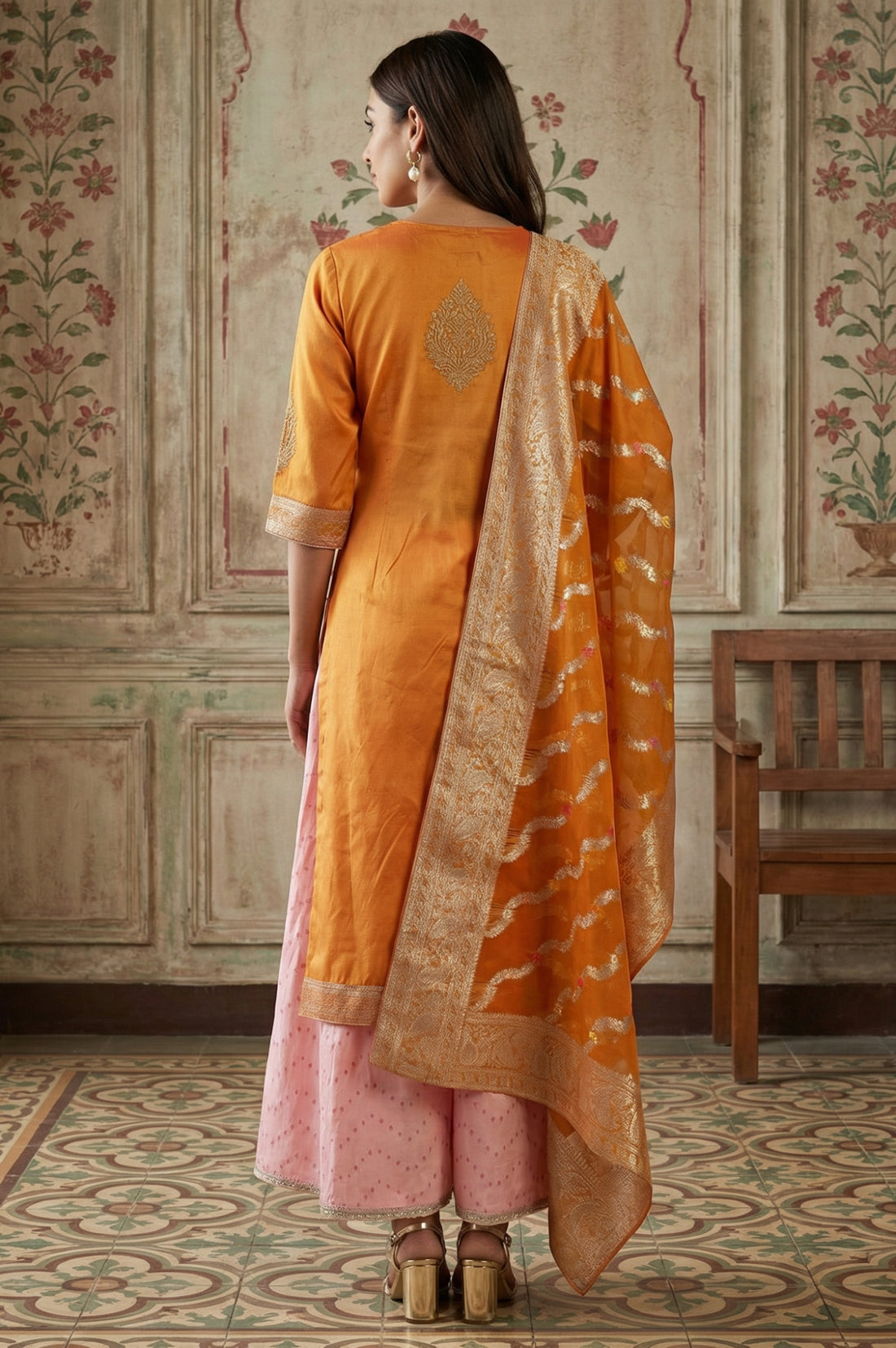 Orange Zari Geometric Printed Straight Kurta with Palazzo and Dupatta Set