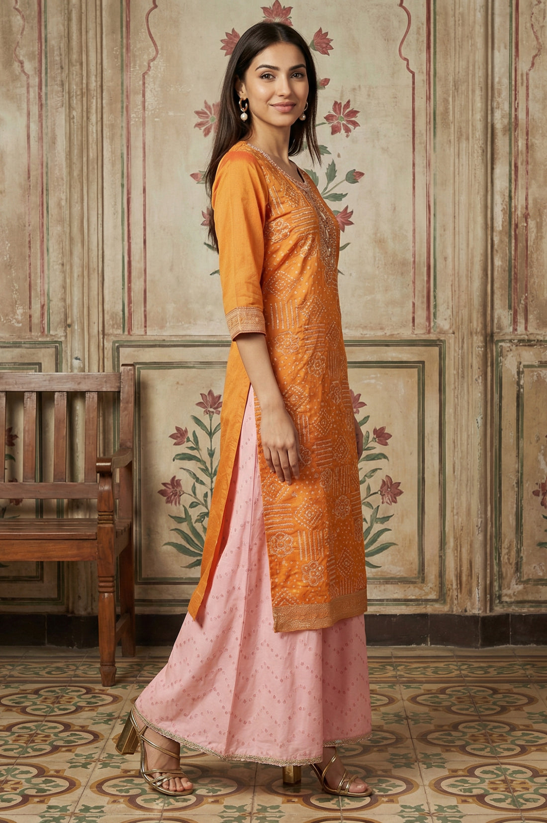 Orange Zari Geometric Printed Straight Kurta with Palazzo and Dupatta Set