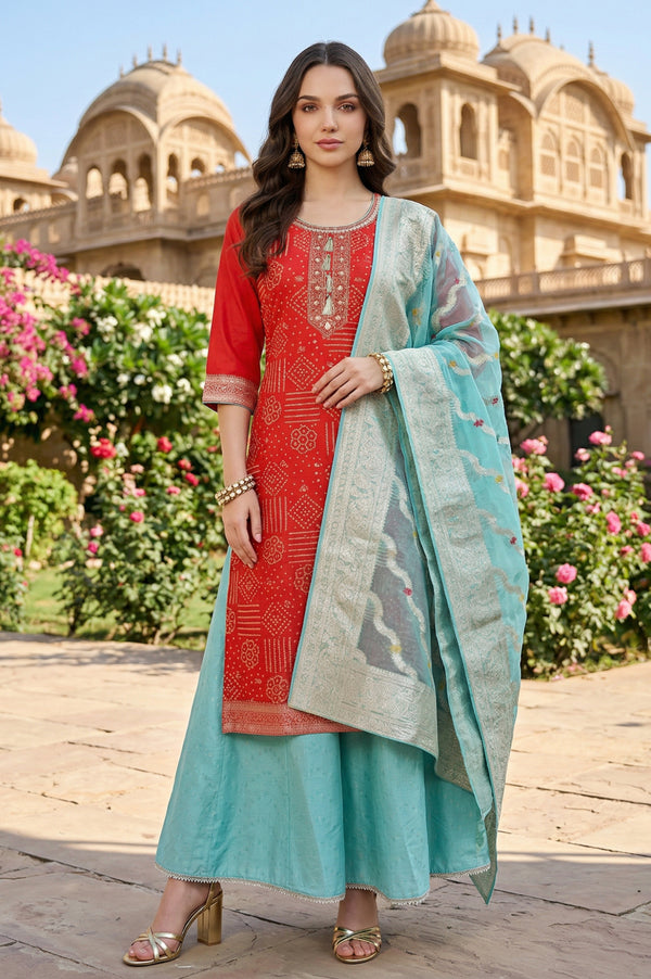 Red Bandhani Printed Embellished Straight Kurta with Sea Green Palazzos and Dupatta Set