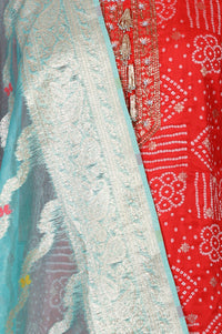 Red Bandhani Printed Embellished Straight Kurta with Sea Green Palazzos and Dupatta Set