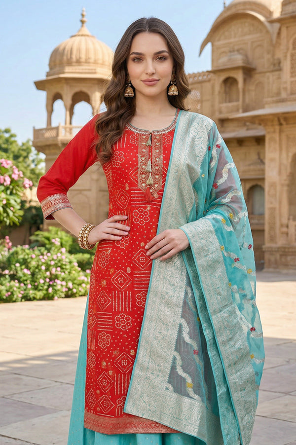 Red Bandhani Printed Embellished Straight Kurta with Sea Green Palazzos and Dupatta Set