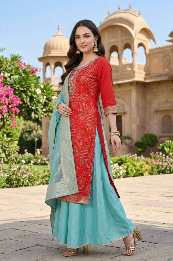 Red Bandhani Printed Embellished Straight Kurta with Sea Green Palazzos and Dupatta Set
