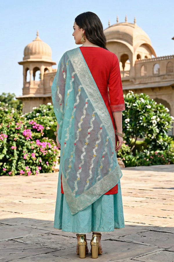 Red Bandhani Printed Embellished Straight Kurta with Sea Green Palazzos and Dupatta Set