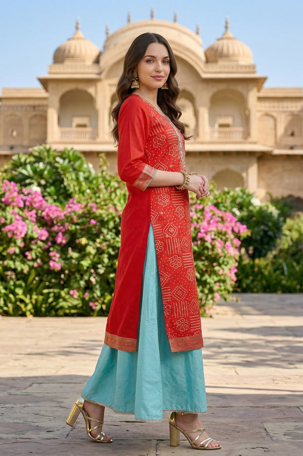 Red Bandhani Printed Embellished Straight Kurta with Sea Green Palazzos and Dupatta Set