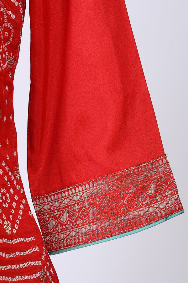 Red Bandhani Printed Embellished Straight Kurta with Sea Green Palazzos and Dupatta Set
