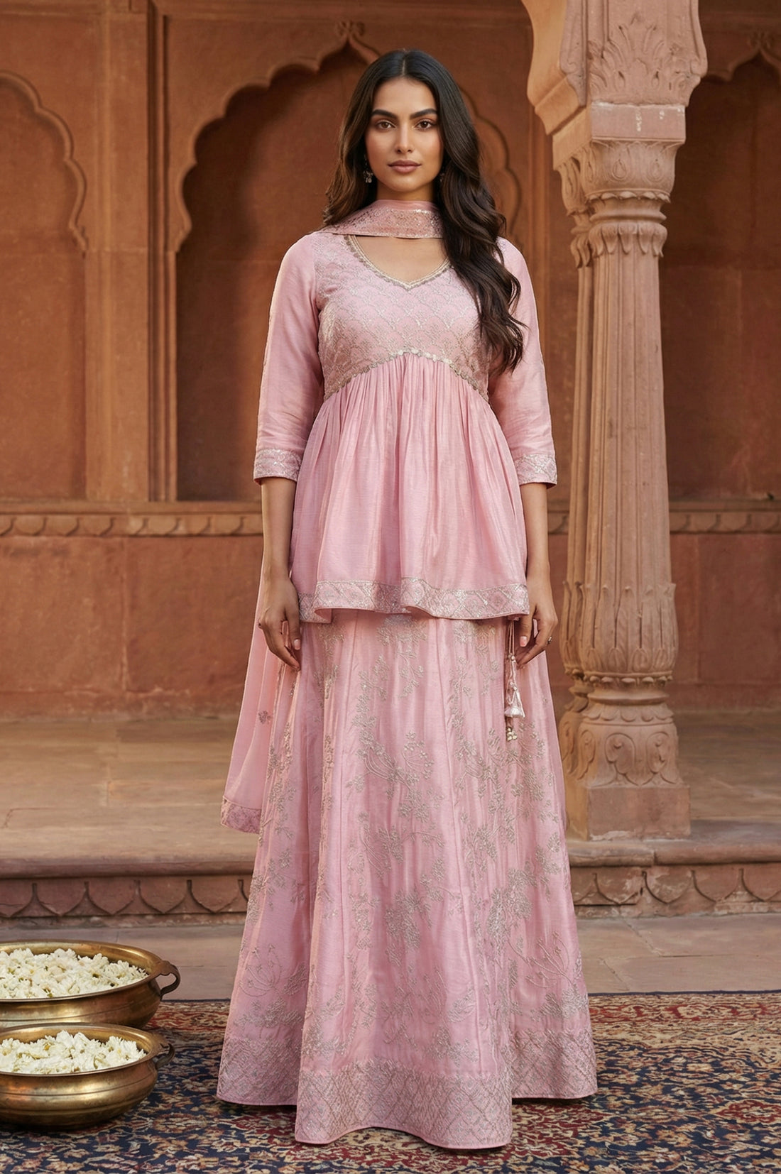 Pink Sequins Flared Top with Skirt and Dupatta Set