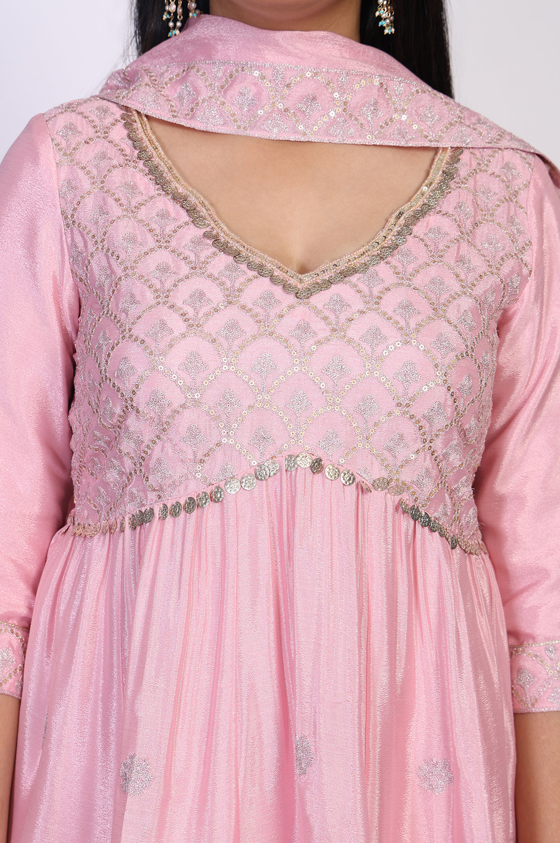Pink Sequins Flared Top with Skirt and Dupatta Set