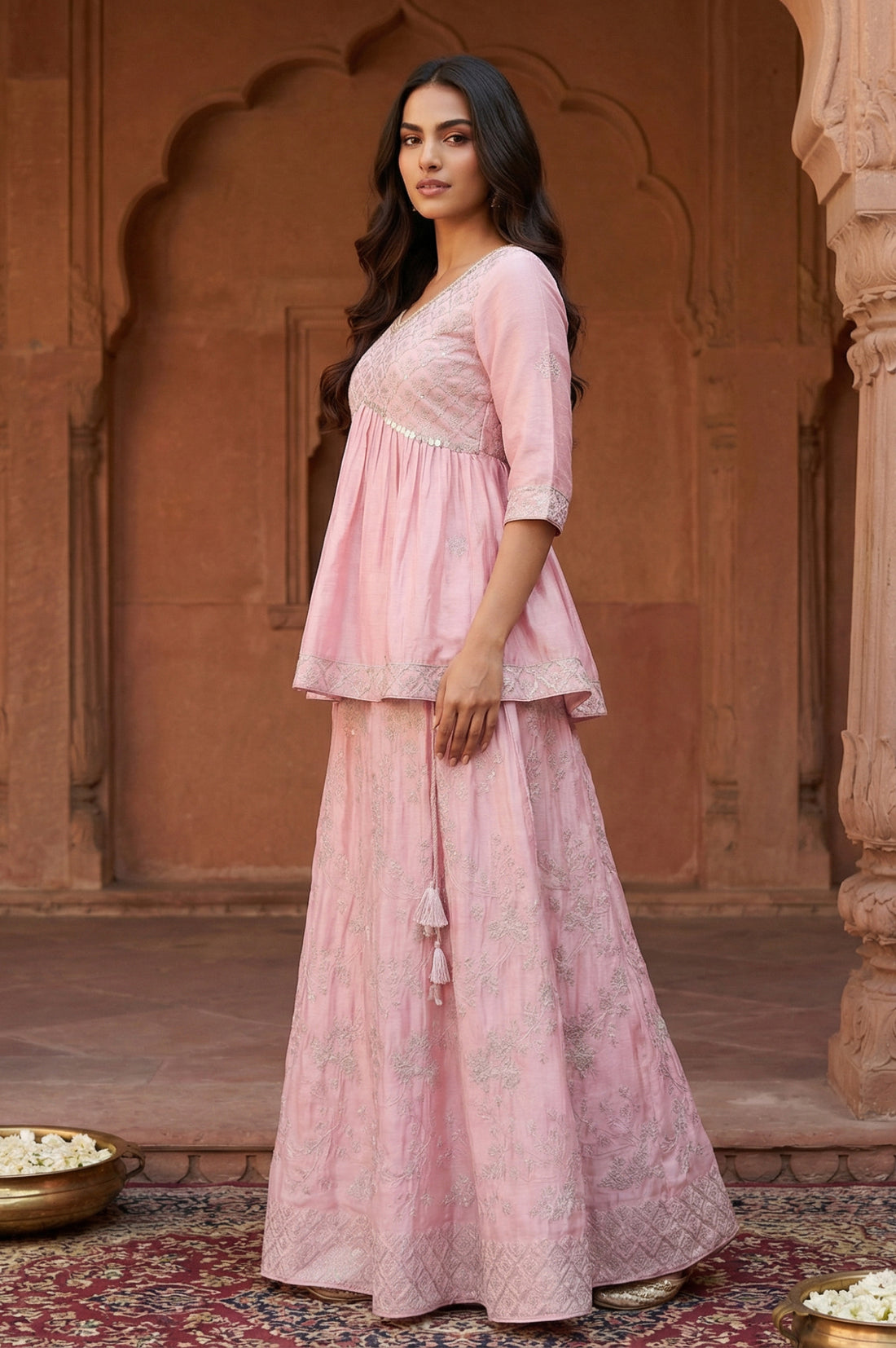 Pink Sequins Flared Top with Skirt and Dupatta Set