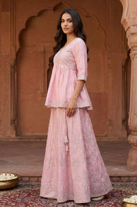 Pink Sequins Flared Top with Skirt and Dupatta Set