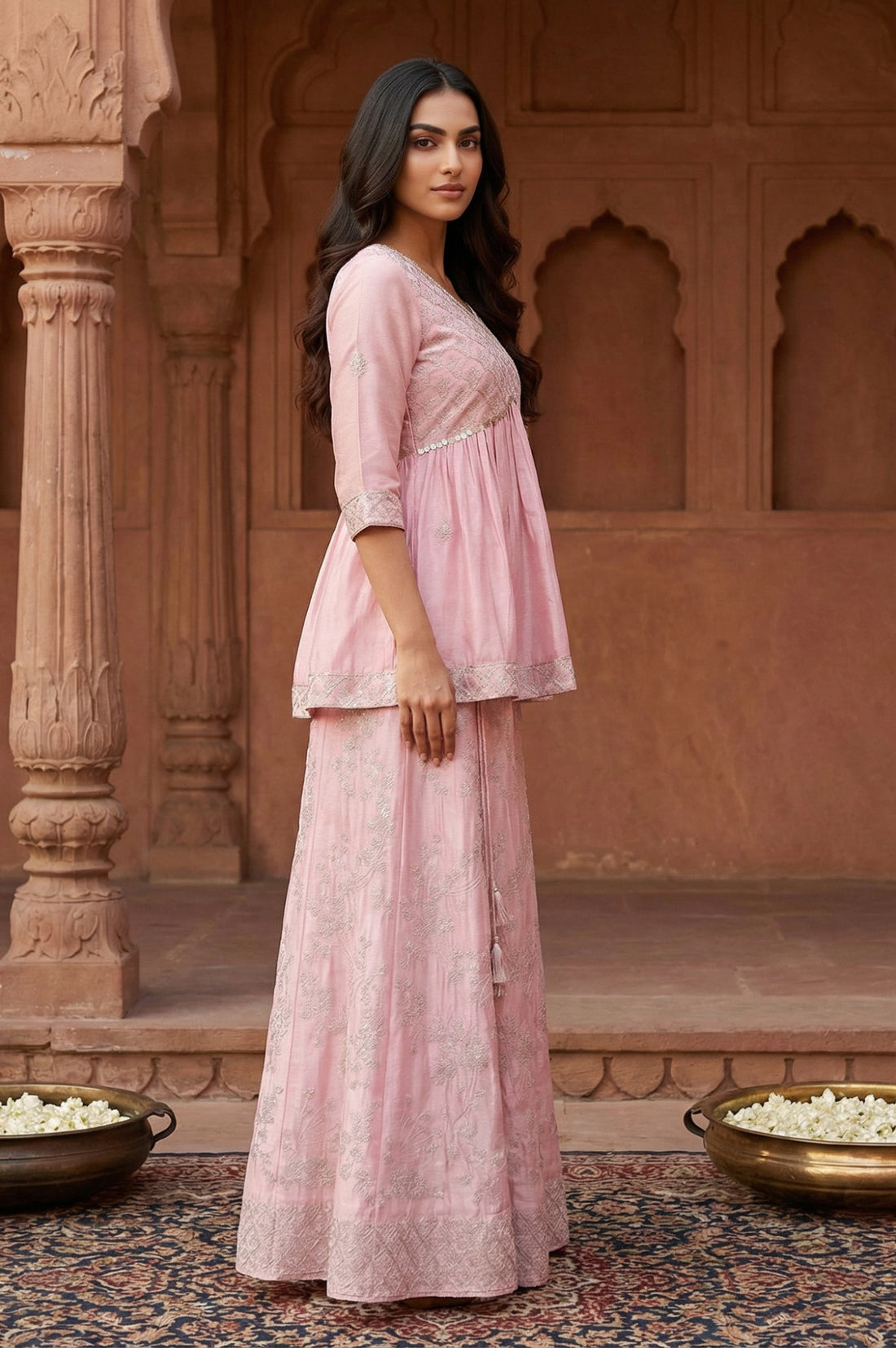 Pink Sequins Flared Top with Skirt and Dupatta Set