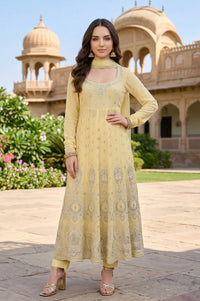 Yellow Georgette Embroidered Anarkali Kurta with Leggings and Dupatta Set
