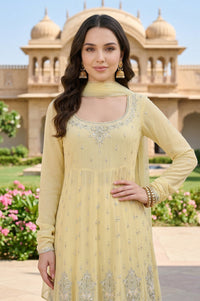 Yellow Georgette Embroidered Anarkali Kurta with Leggings and Dupatta Set