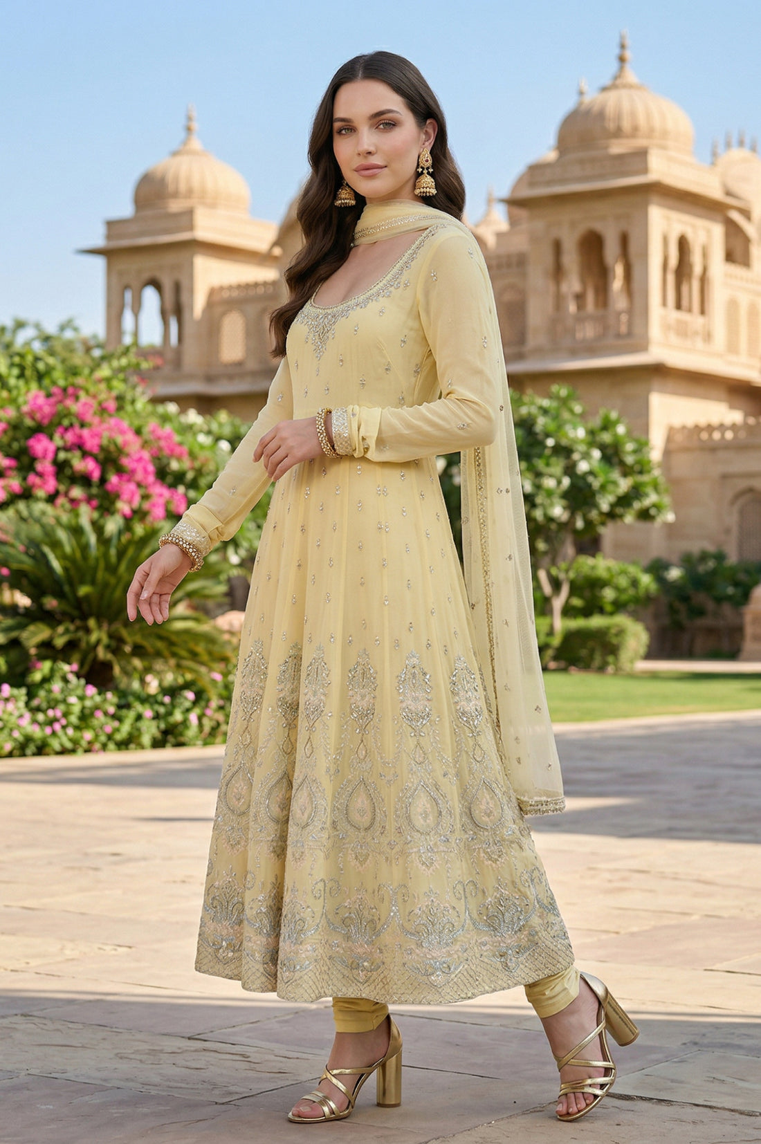 Yellow Georgette Embroidered Anarkali Kurta with Leggings and Dupatta Set