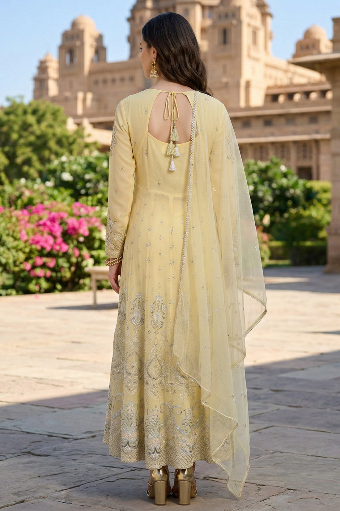 Yellow Georgette Embroidered Anarkali Kurta with Leggings and Dupatta Set