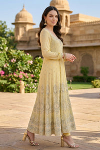 Yellow Georgette Embroidered Anarkali Kurta with Leggings and Dupatta Set