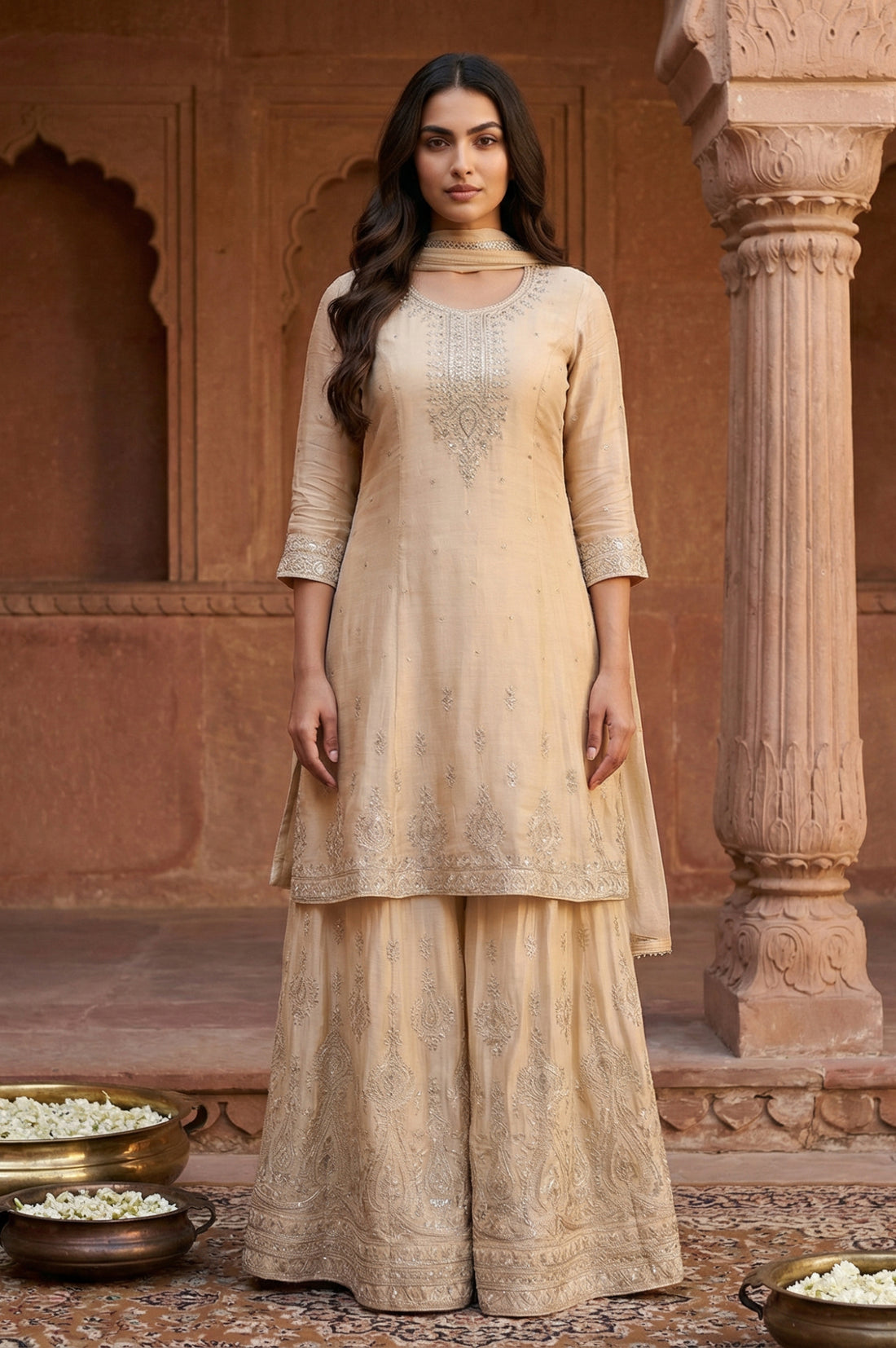 Beige Ethnic Motifs A-Line Kurta with Skirt and Dupatta Set