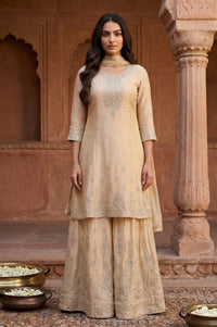Beige Ethnic Motifs A-Line Kurta with Skirt and Dupatta Set