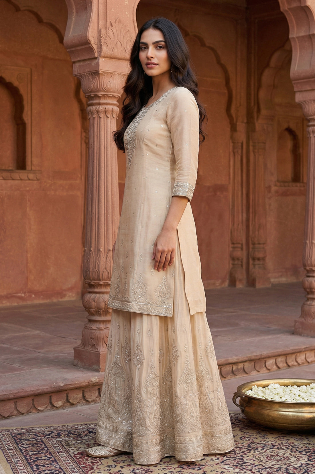 Beige Ethnic Motifs A-Line Kurta with Skirt and Dupatta Set
