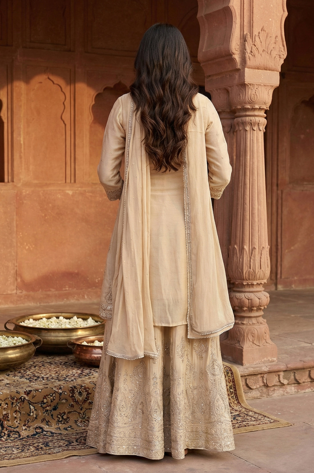 Beige Ethnic Motifs A-Line Kurta with Skirt and Dupatta Set