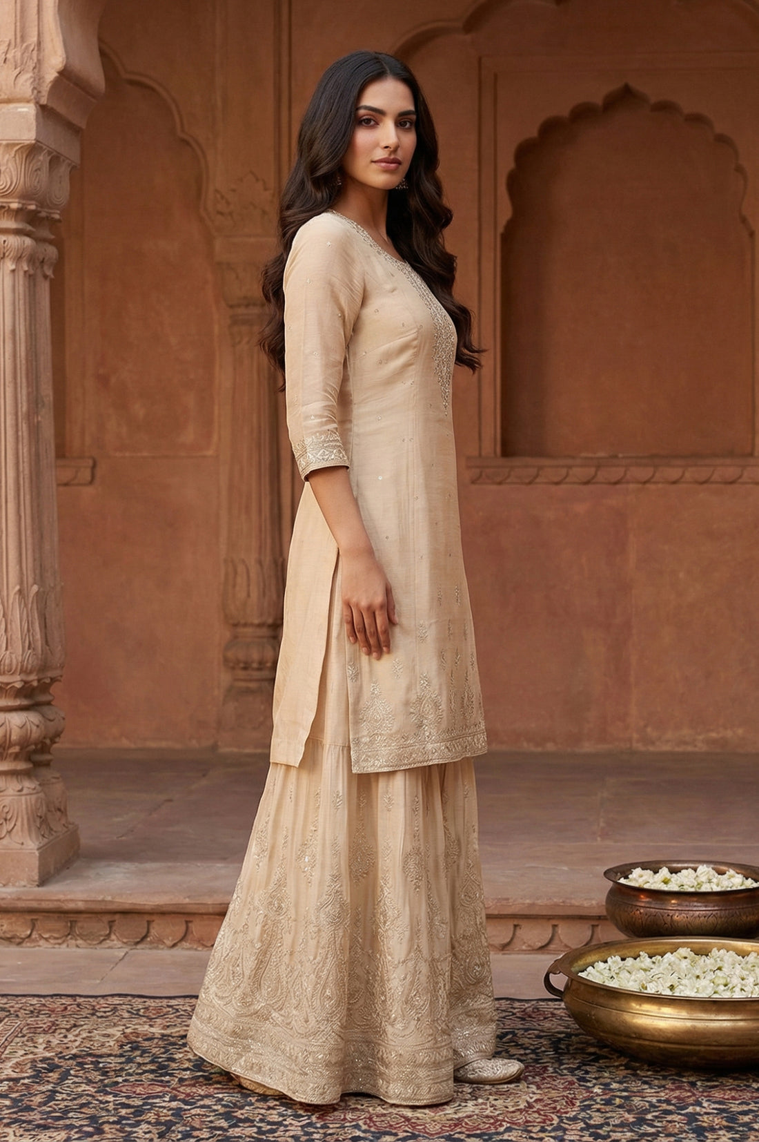 Beige Ethnic Motifs A-Line Kurta with Skirt and Dupatta Set